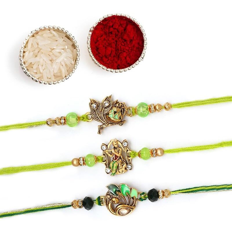 The Purple Tree Green Kanha Ji Rakhis For Bhai With Roli Chawal And Card (Pack Of 3), Handmade Rakhi For Brother, Best Rakshabandhan Gift For Bhai, Krishna Rakhi For Bhaiya