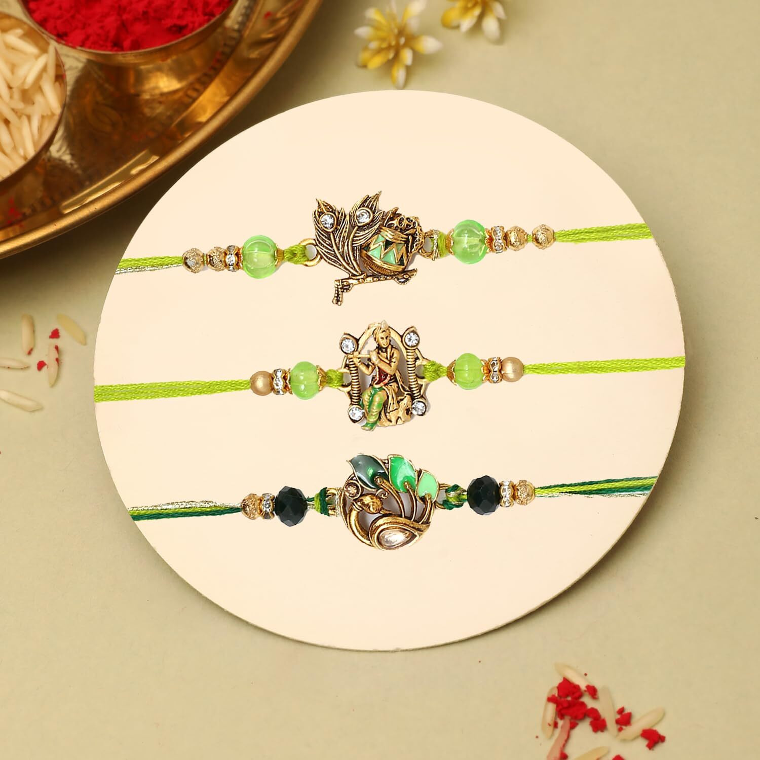 The Purple Tree Green Kanha Ji Rakhis For Bhai With Roli Chawal And Card (Pack Of 3), Handmade Rakhi For Brother, Best Rakshabandhan Gift For Bhai, Krishna Rakhi For Bhaiya