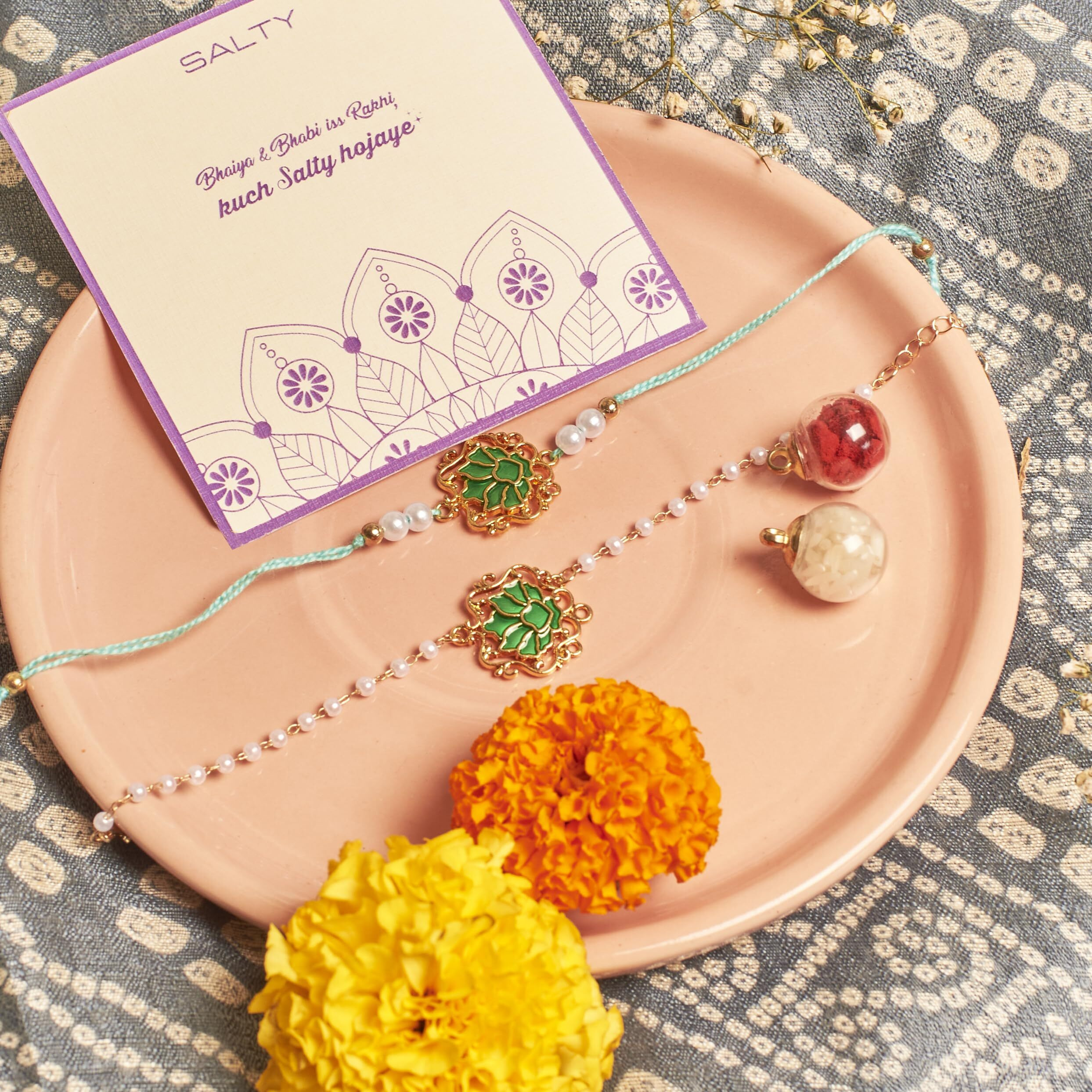 Salty Moss Lotus Rakhi Set For Bhaiya & Bhabhi | Designer Moli Dora Bracelet With Roli Chawal | Raksha Bandhan Gift Of Love & Protection | Stylish Rakhi For Brother, Bhai & Sister