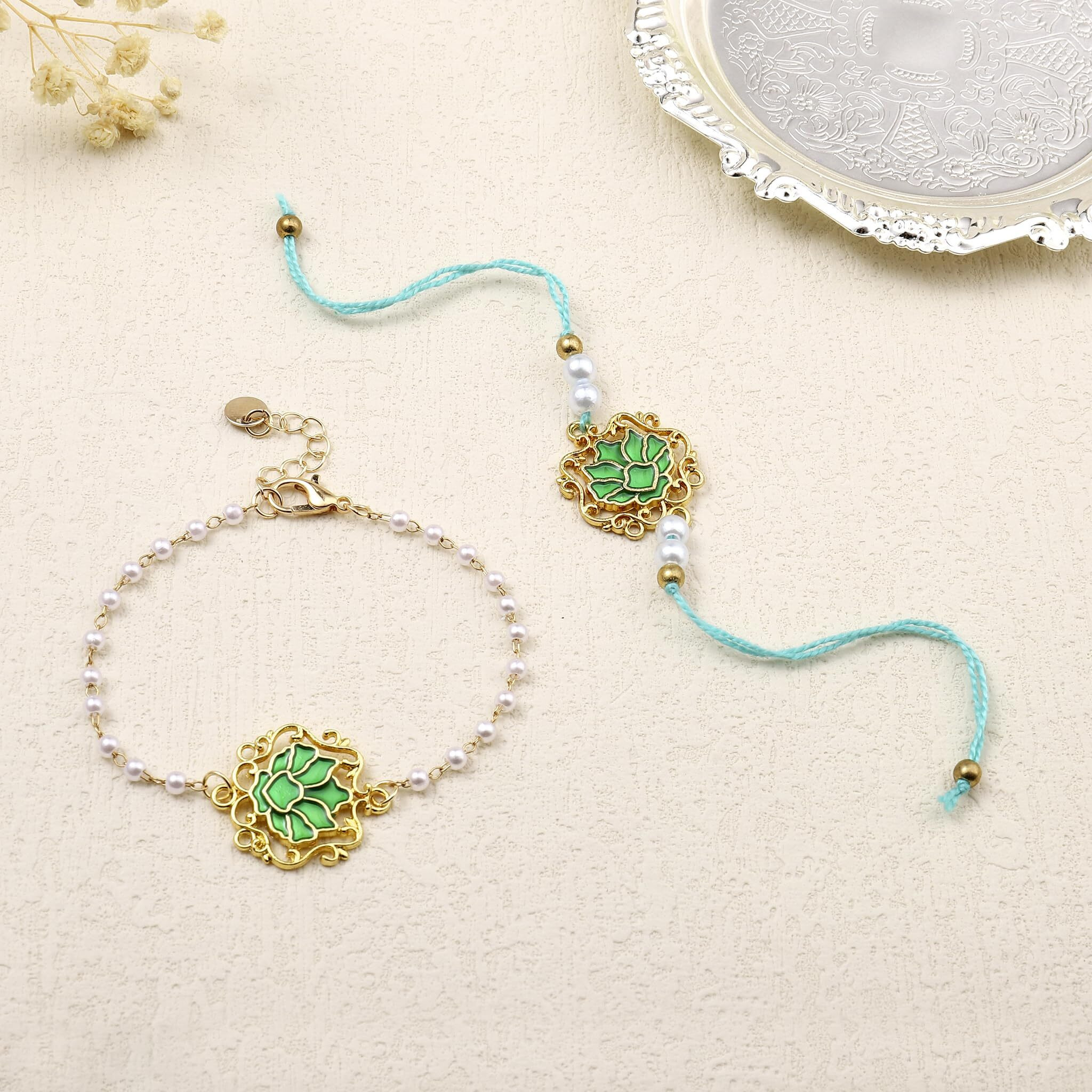 Salty Moss Lotus Rakhi Set For Bhaiya & Bhabhi | Designer Moli Dora Bracelet With Roli Chawal | Raksha Bandhan Gift Of Love & Protection | Stylish Rakhi For Brother, Bhai & Sister