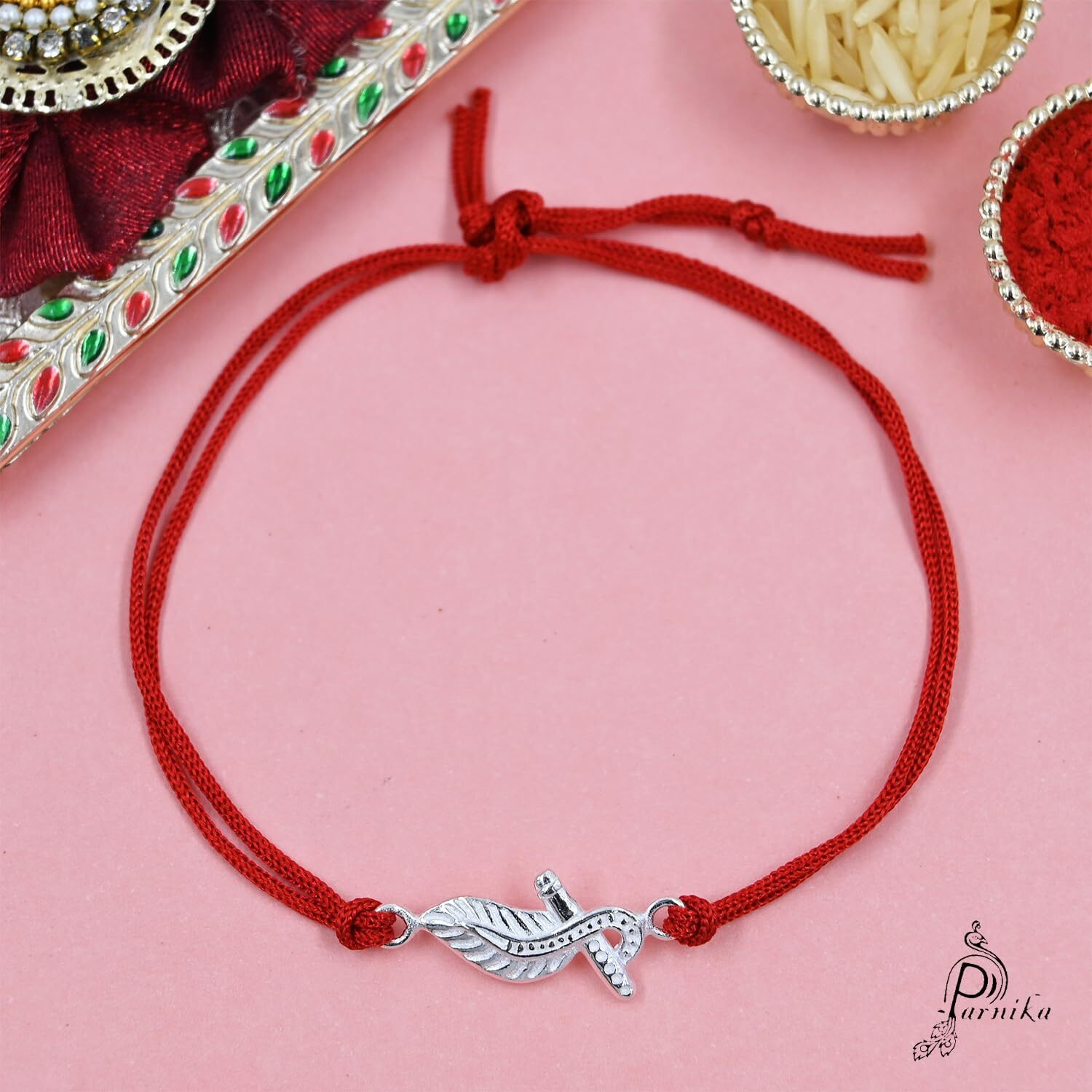 Parnika 925 Om Ganesha Rudraksha Infinity Bro Shiv Bhai Adjustable Silver Rakhi Bracelet For Brother In 92.5 Sterling Silver For Boys And Men | Chandi Ki Rakhi | Gift Box Roli Chawal (Mahakal)