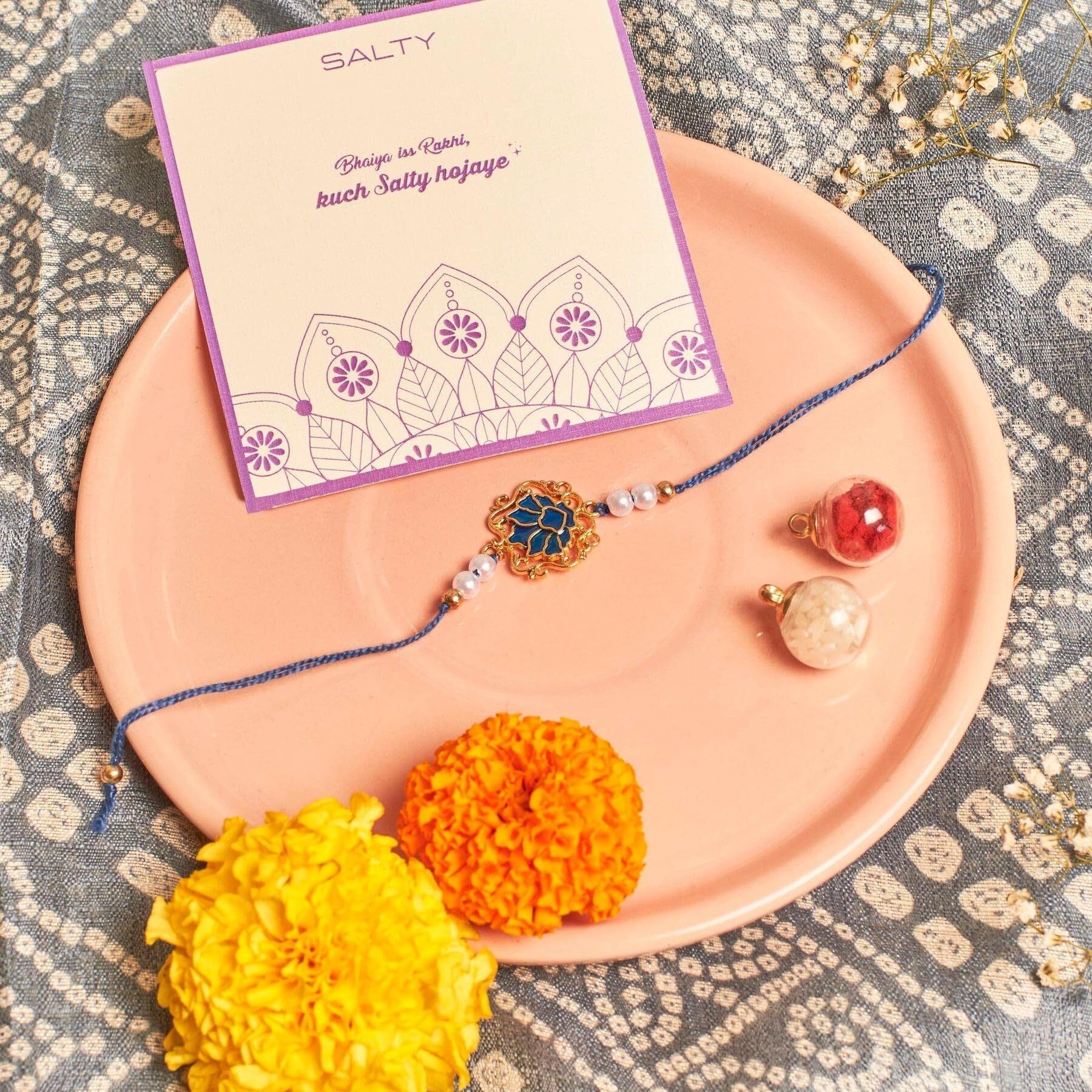 Salty Set Of 1 Men Tranquil Lotus Pearl Designer Thread Rakhi For Brother | Rakhi Gift Pack For Sister, Bhaiya And Bhabhi | Bracelet For Men, Women | Fancy Jewellery Combo Gifts
