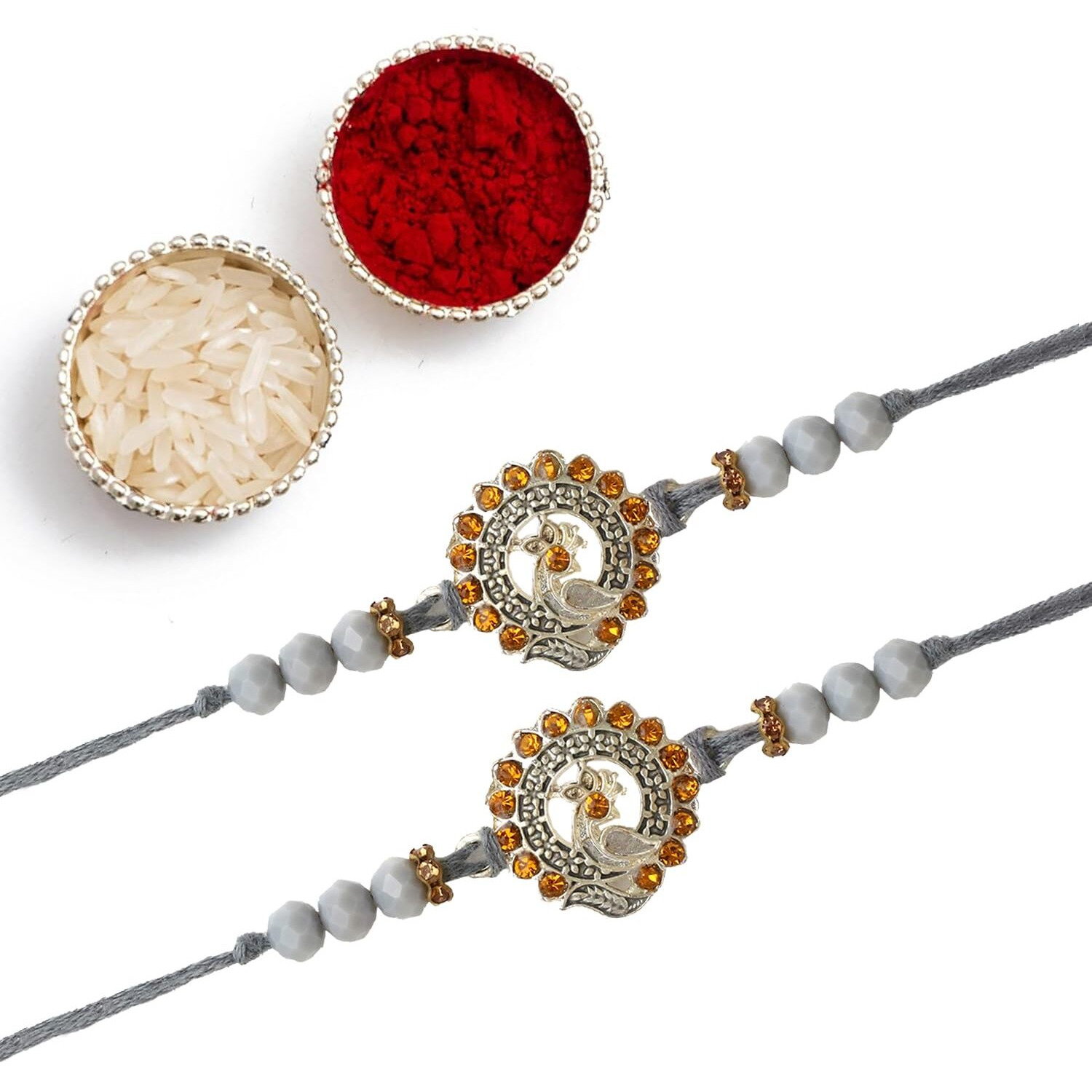 Purple Tree Unisex-Adult Beautiful Handmade Peacock Rakhi With Card For Brother (Pack Of 2, Grey, 1 Roli Chawal) - Bhaiya Rakhi Gift