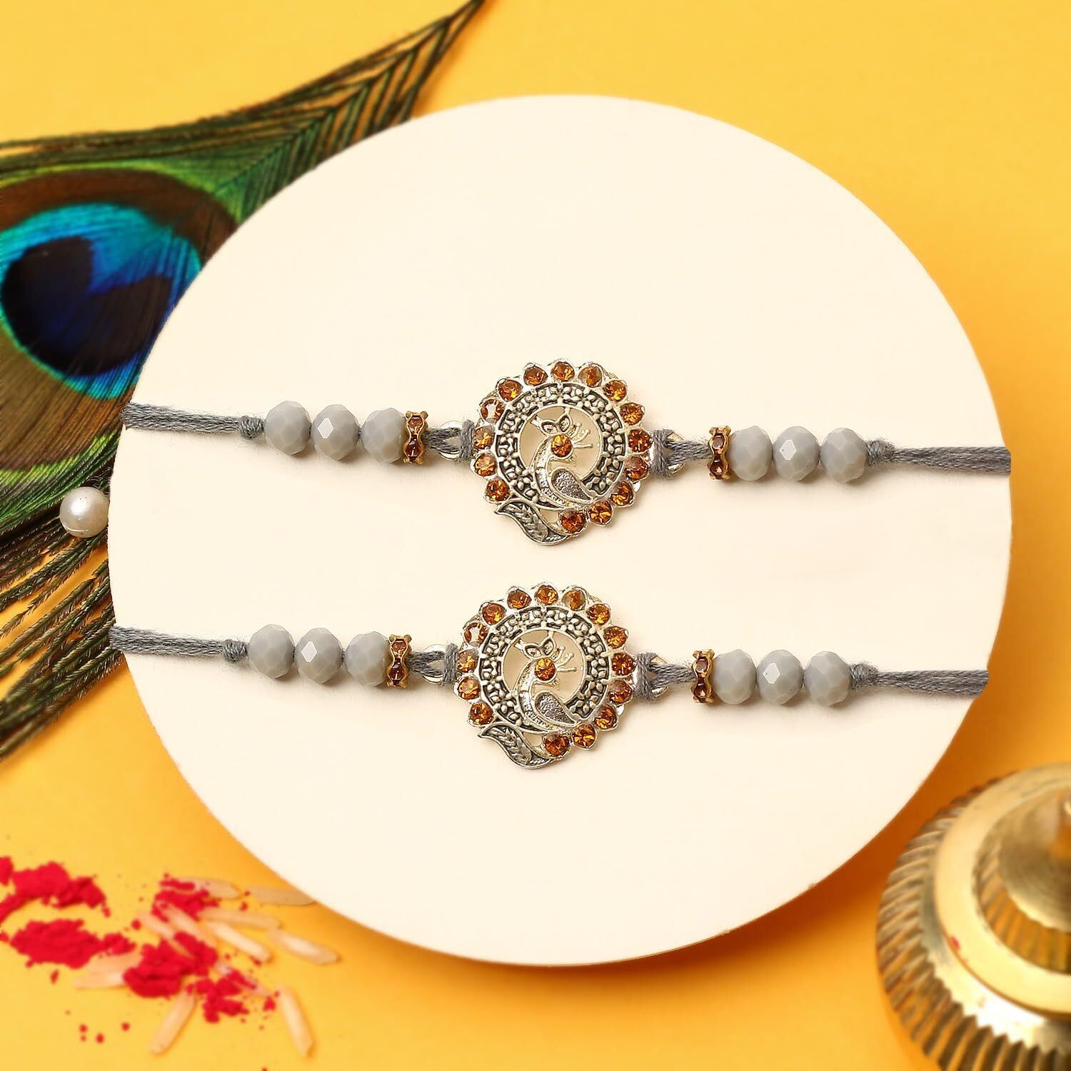 Purple Tree Unisex-Adult Beautiful Handmade Peacock Rakhi With Card For Brother (Pack Of 2, Grey, 1 Roli Chawal) - Bhaiya Rakhi Gift