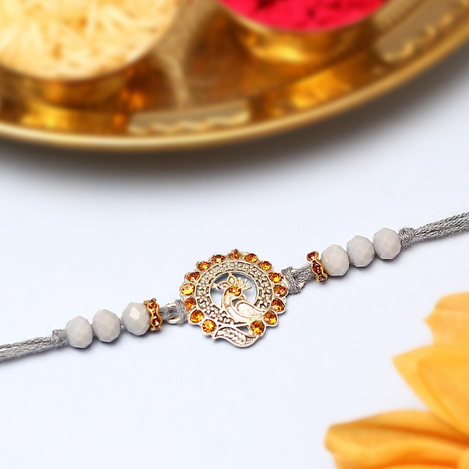 Purple Tree Unisex-Adult Beautiful Handmade Peacock Rakhi With Card For Brother (Pack Of 2, Grey, 1 Roli Chawal) - Bhaiya Rakhi Gift