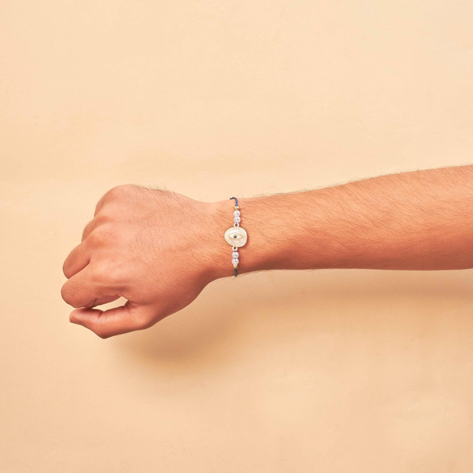 Salty Mens Guardian Gaze Pearl Evil Eye Designer Thread Rakhi | Raksha Bandhan Stylish Moli Dora Rakhi | Symbol Of Sibling Love & Protection