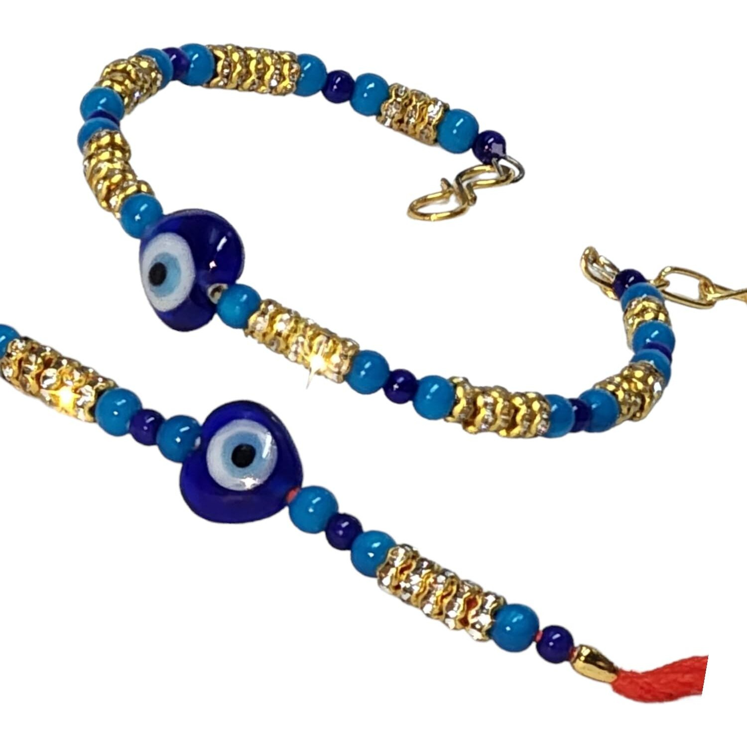 Rakhi Evil Eye Gift For Brother Bhabhi With Showpiece Kundan Rakhi, Red Floral Lumba Rakhi For Brother Bhabhi (Lumba Rakhi Couple Set 232)