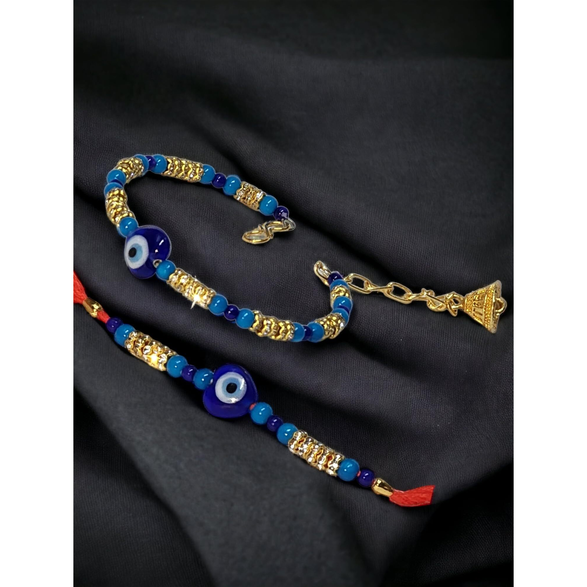 Rakhi Evil Eye Gift For Brother Bhabhi With Showpiece Kundan Rakhi, Red Floral Lumba Rakhi For Brother Bhabhi (Lumba Rakhi Couple Set 232)