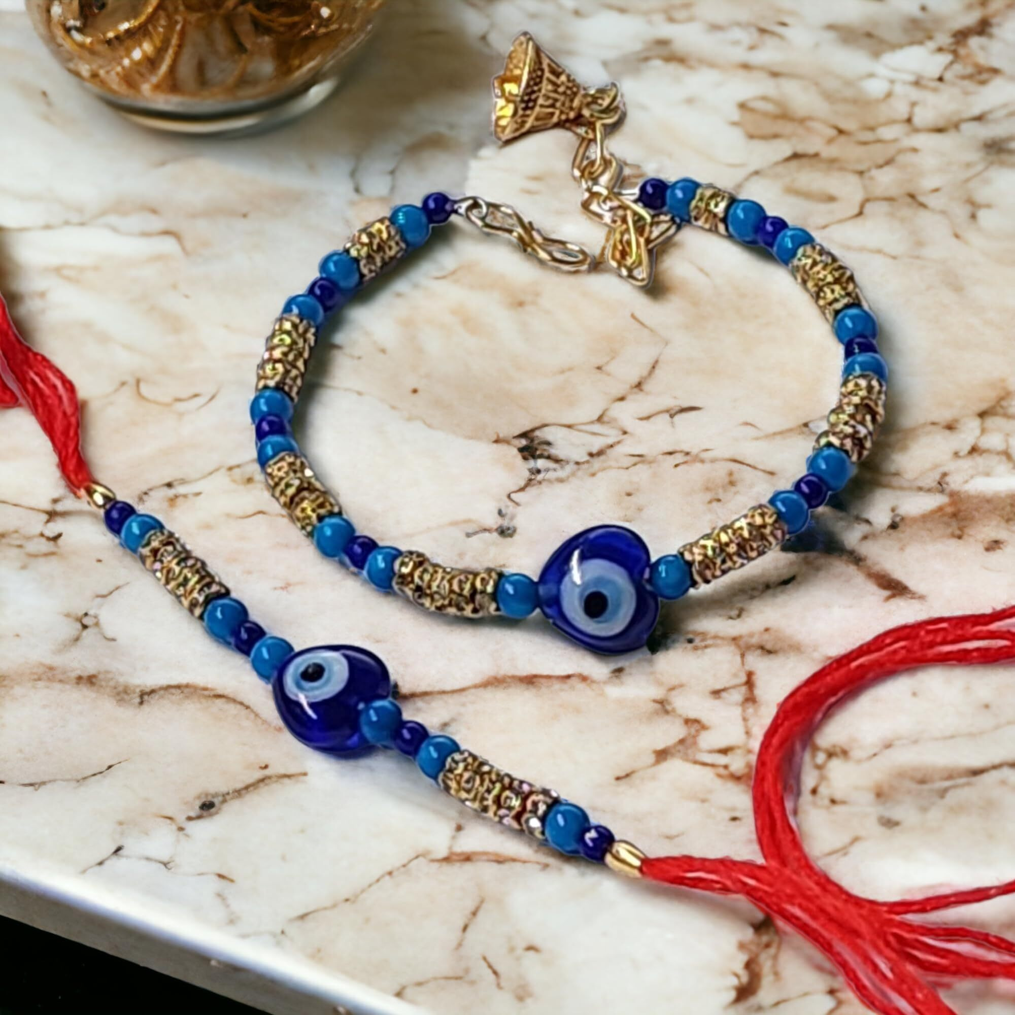 Rakhi Evil Eye Gift For Brother Bhabhi With Showpiece Kundan Rakhi, Red Floral Lumba Rakhi For Brother Bhabhi (Lumba Rakhi Couple Set 232)