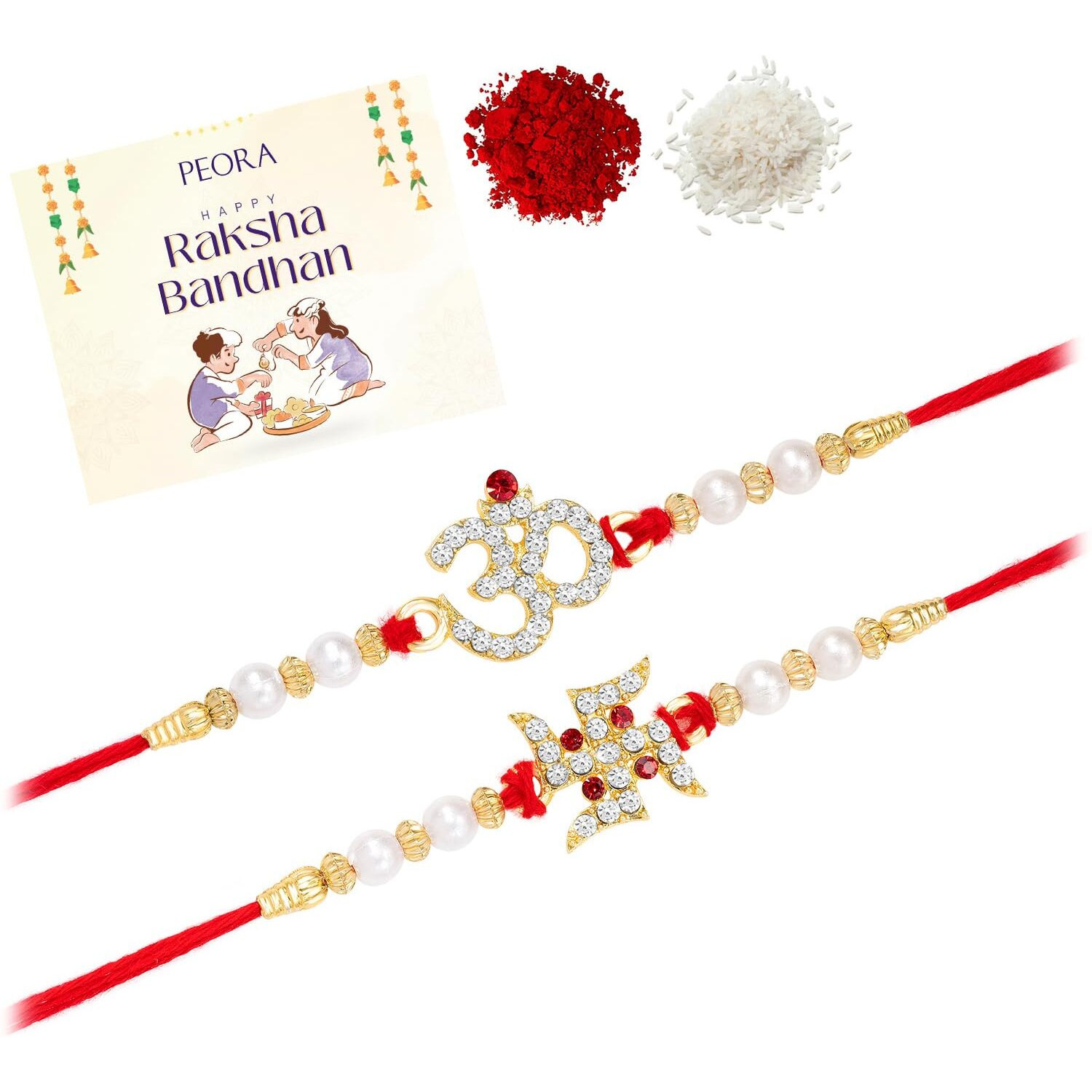 Peora Crystal & Beads Studded Swastik & Om Rakhi For Brother Raksha Bandhan Rakhi With Roli Chawal Greeting Card (Combo, Pack Of 2)