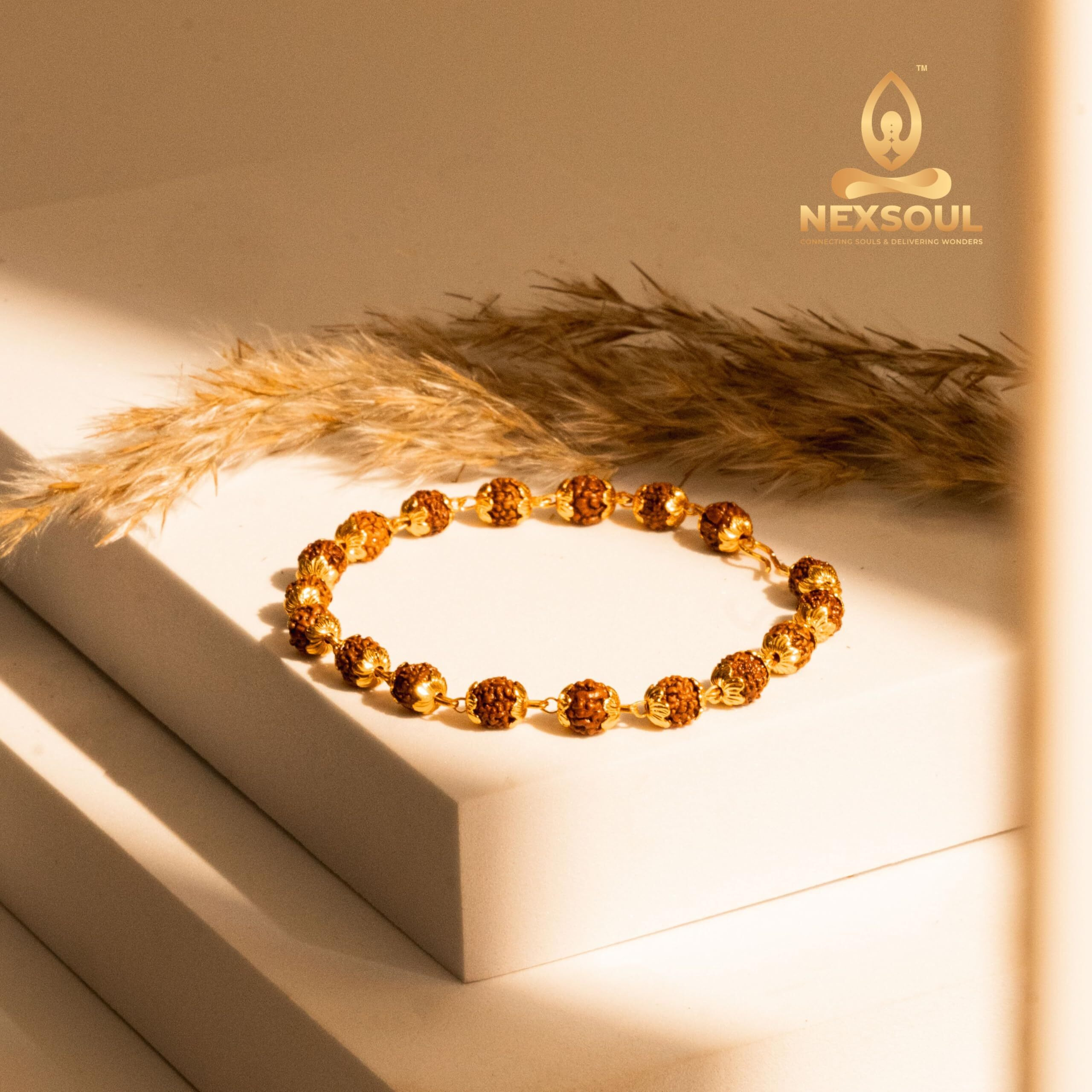 Nexsoul Classic Rudraksha Bracelet For Men | Premium Panchmukhi Rudraksha Rakhi | Gold Plated Men's Bracelet | Spiritual Jewellery | Shivyana Enterprises