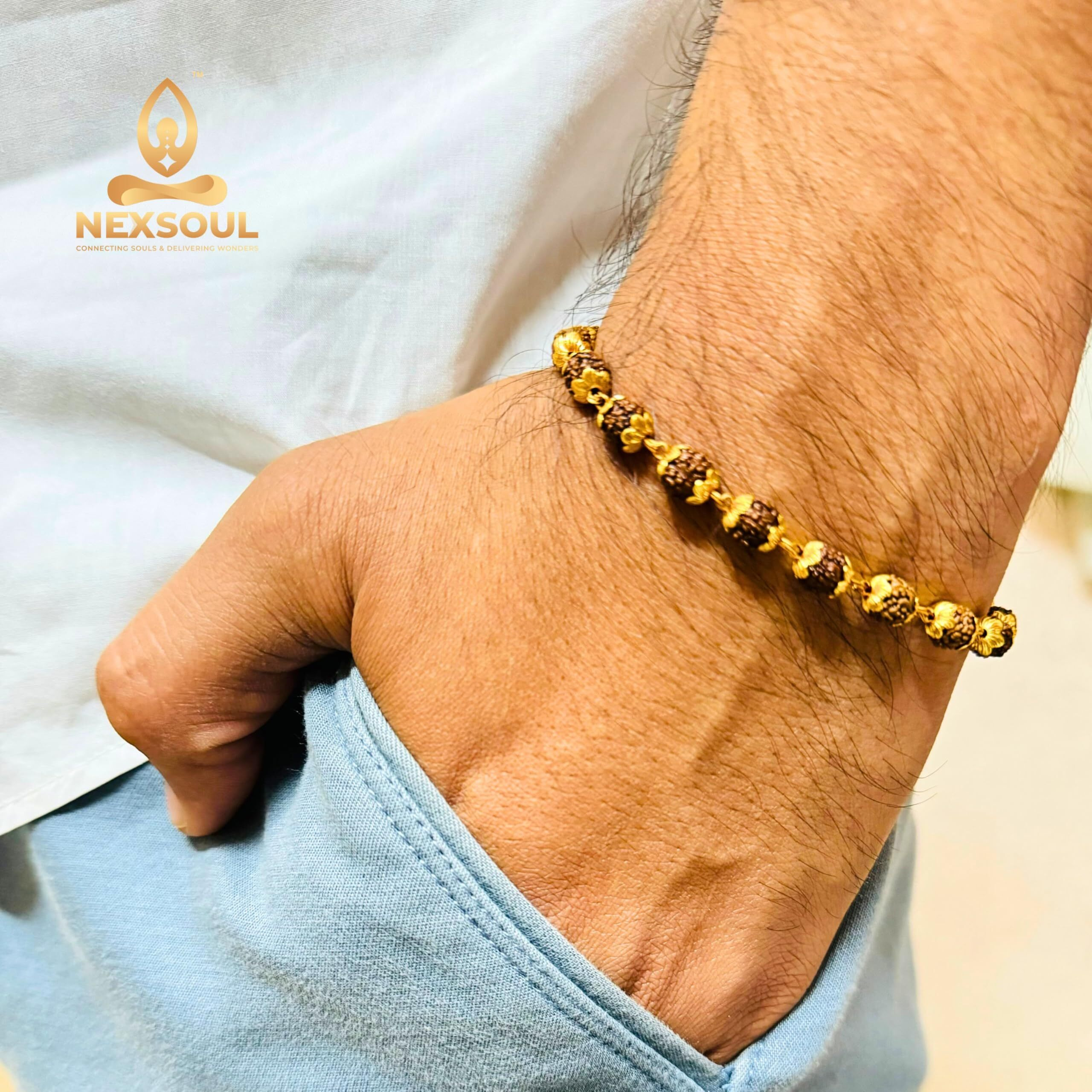 Nexsoul Classic Rudraksha Bracelet For Men | Premium Panchmukhi Rudraksha Rakhi | Gold Plated Men's Bracelet | Spiritual Jewellery | Shivyana Enterprises