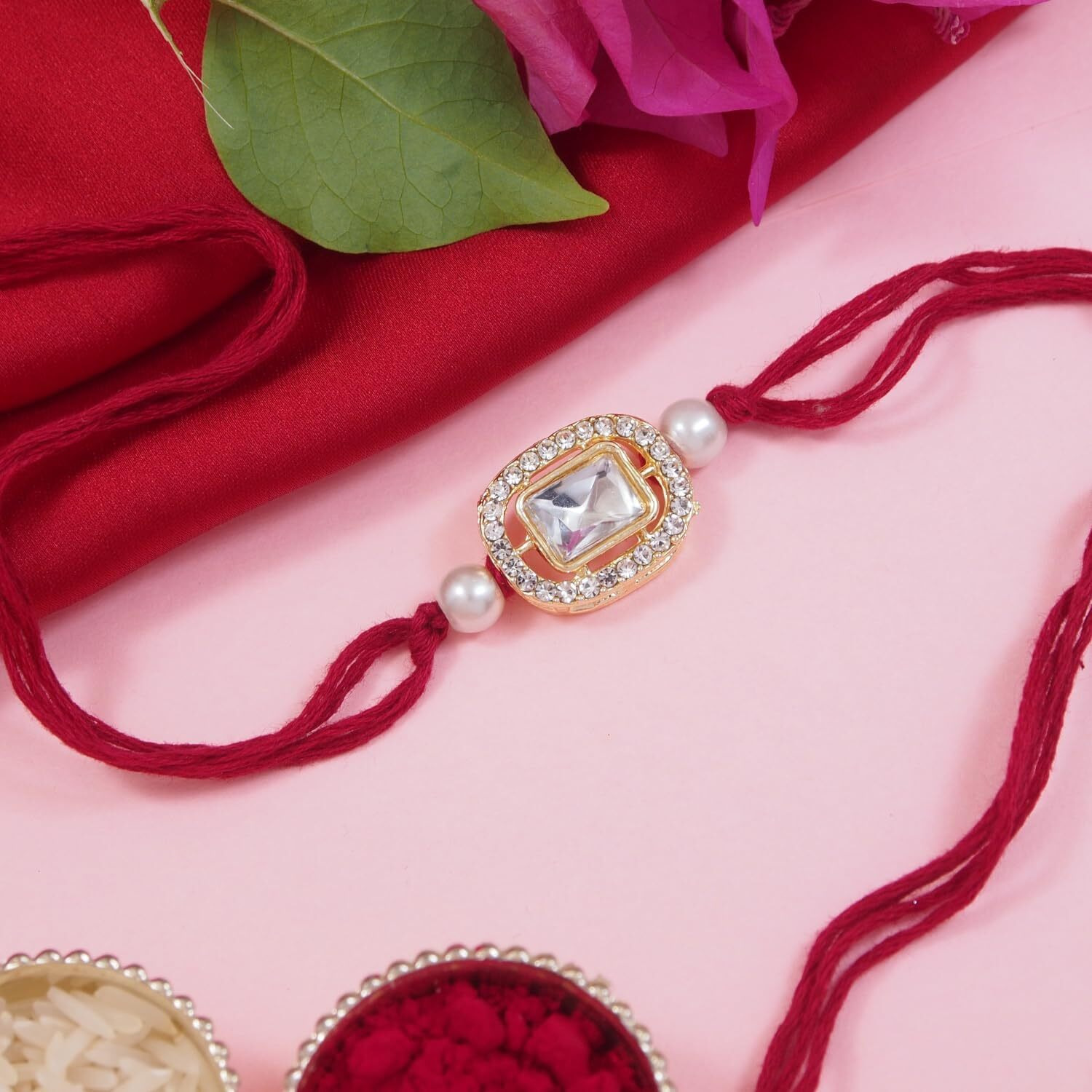 I Jewels Stone Pearl Combo Bhaiya Rakhi With Roli Chawal & Rakshabandhan Greeting Card For Brother/Bro/Bhai/Men (R155M-G-Gr-Pe-Min)(Set Of 5)