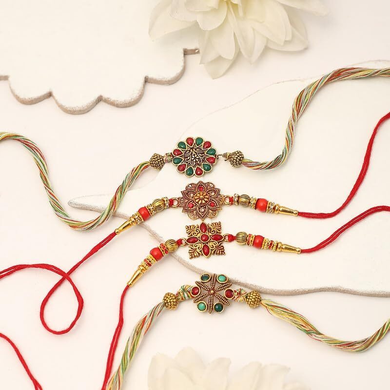 The Purple Tree Mens Red And Green Stone Rakhis For Brother With Roli Chawal And Card (Pack Of 4) Rakhi For Bhai, Rakshabandhan Gift For Brother, Rakhi Gift