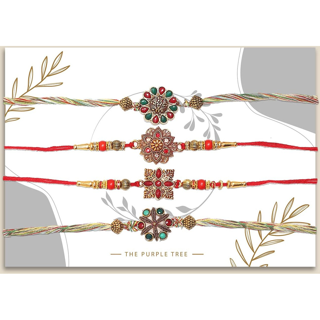 The Purple Tree Mens Red And Green Stone Rakhis For Brother With Roli Chawal And Card (Pack Of 4) Rakhi For Bhai, Rakshabandhan Gift For Brother, Rakhi Gift