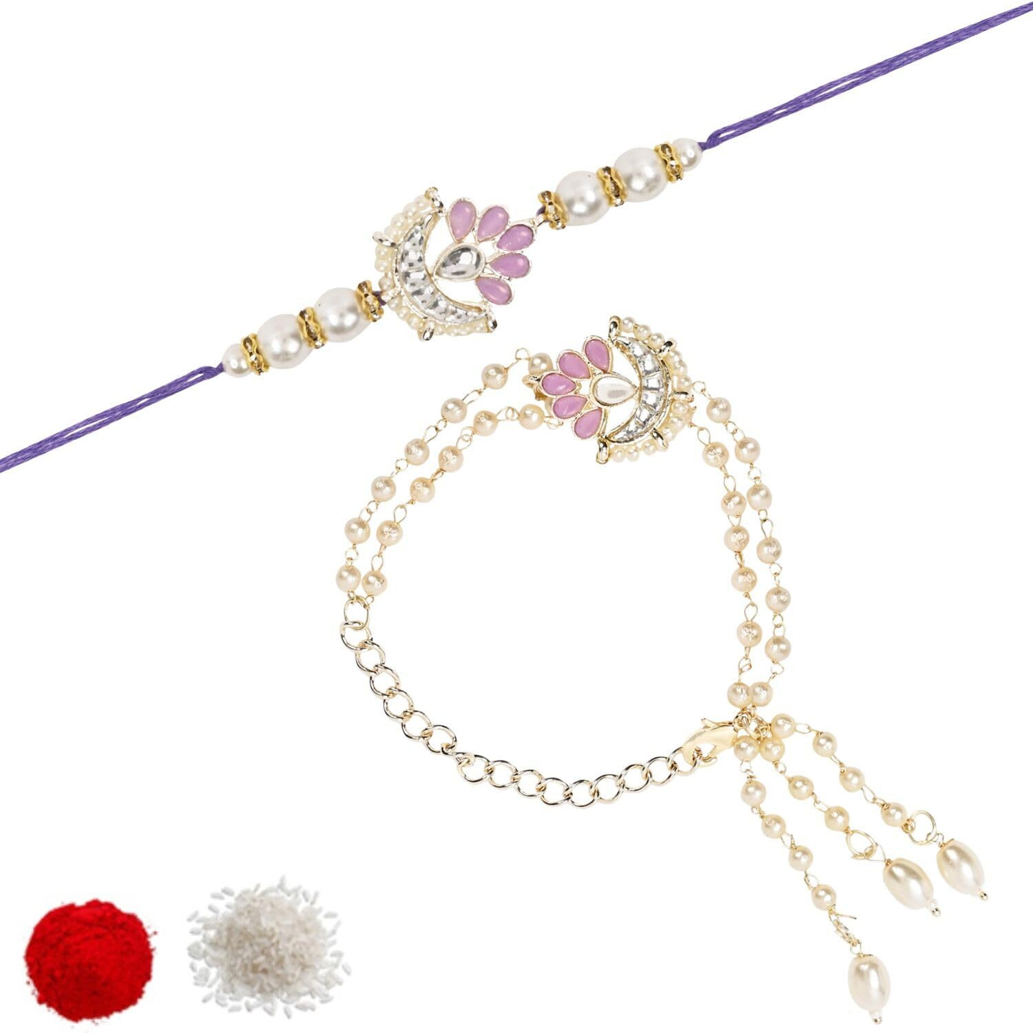 I Jewels Kundan & Pearl Bhaiya Bhabhi Lumba Rakhi Bracelet Combo Set With Roli Chawal & Rakshabandhan Greeting Card For Unisex Adult(R143Pu-Co)