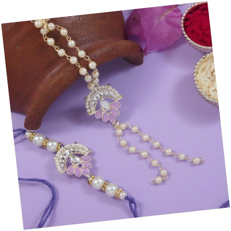 I Jewels Kundan & Pearl Bhaiya Bhabhi Lumba Rakhi Bracelet Combo Set With Roli Chawal & Rakshabandhan Greeting Card For Unisex Adult(R143Pu-Co)