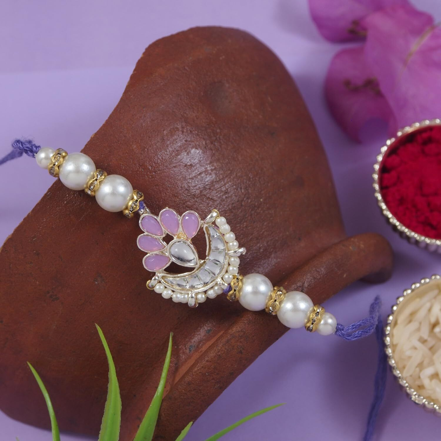 I Jewels Kundan & Pearl Bhaiya Bhabhi Lumba Rakhi Bracelet Combo Set With Roli Chawal & Rakshabandhan Greeting Card For Unisex Adult(R143Pu-Co)