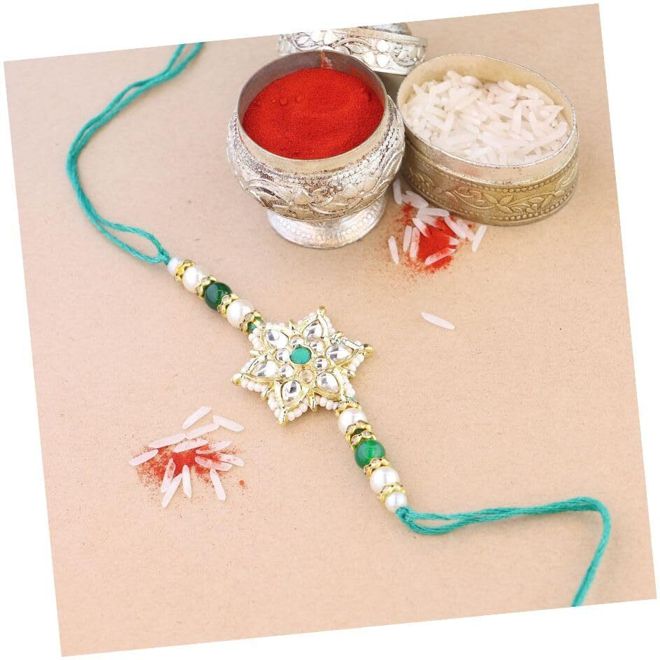 I Jewels Pearl & Kundan Bhaiya Rakhi With Roli Chawal For Brother/Bro/Men With Rakshabandhan Card (R116G)