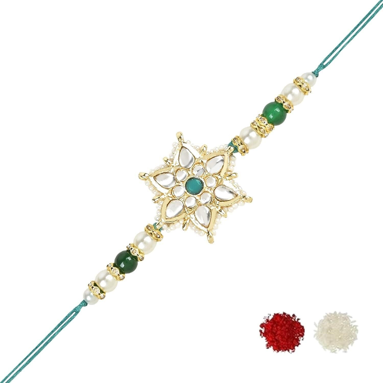 I Jewels Pearl & Kundan Bhaiya Rakhi With Roli Chawal For Brother/Bro/Men With Rakshabandhan Card (R116G)