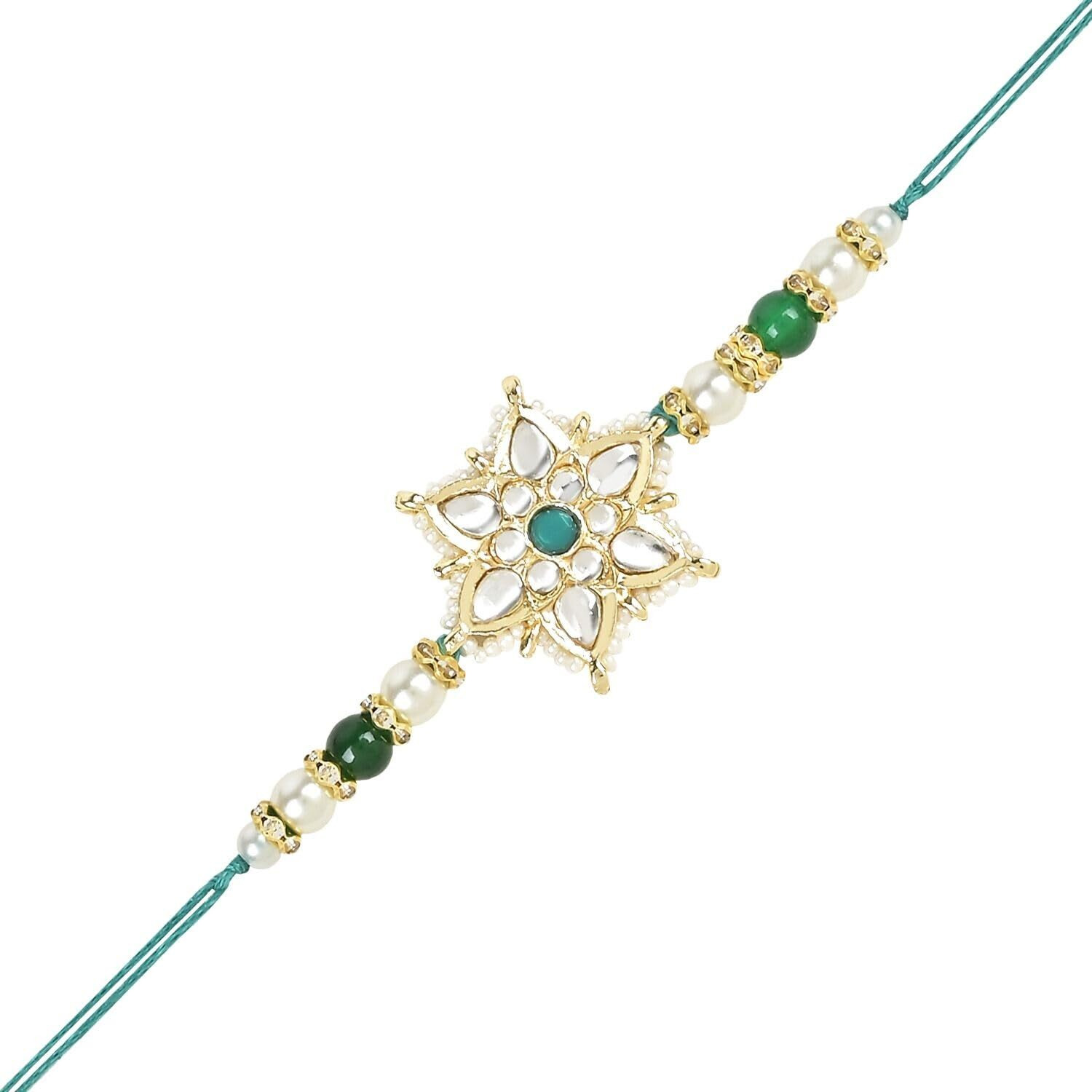 I Jewels Pearl & Kundan Bhaiya Rakhi With Roli Chawal For Brother/Bro/Men With Rakshabandhan Card (R116G)