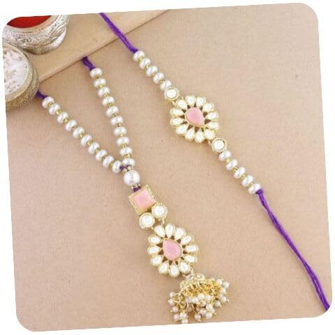 I Jewels Designer Kundan & Pearl Hanging Bhaiya Bhabhi Lumba Rakhi Combo Set For Rakshabandhan Card (R118Pe-Co)For Unisex Adult
