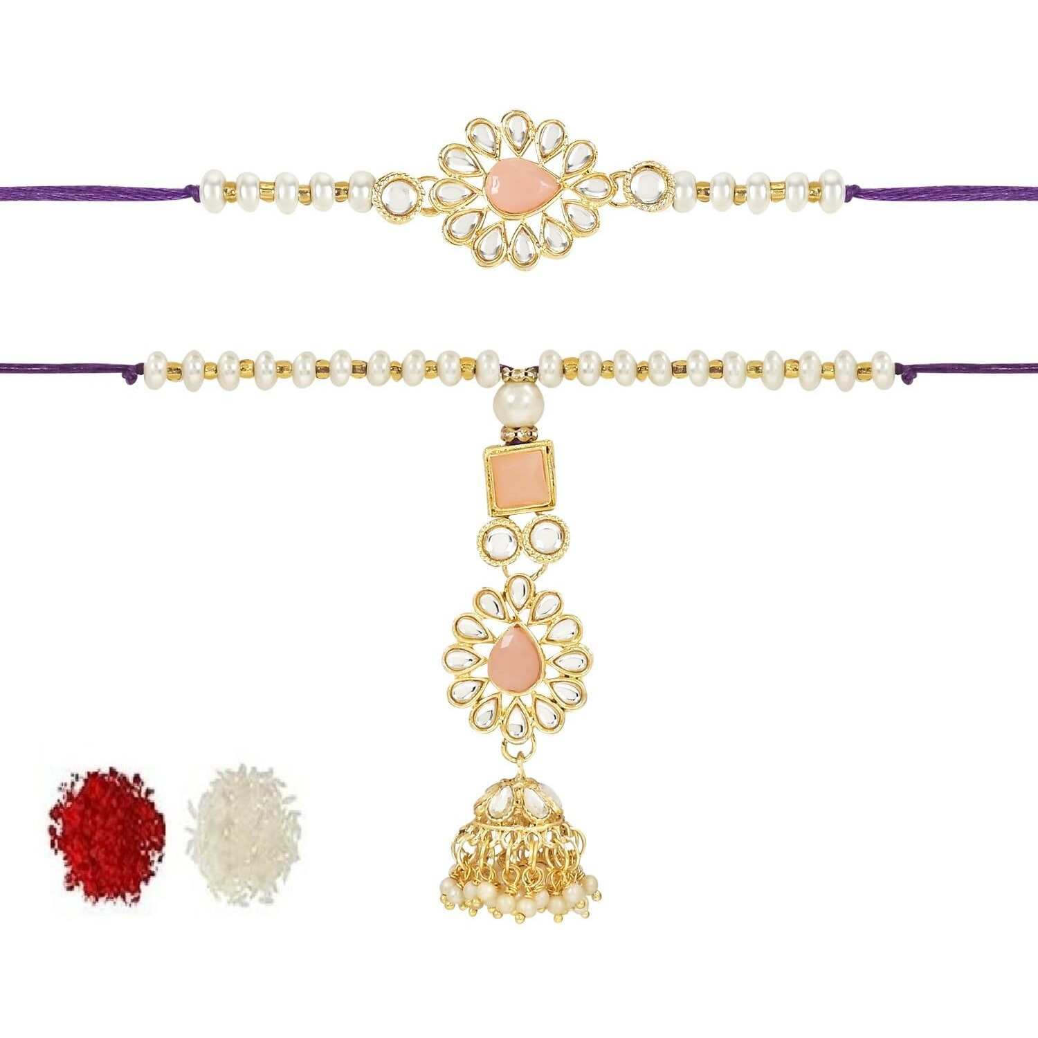 I Jewels Designer Kundan & Pearl Hanging Bhaiya Bhabhi Lumba Rakhi Combo Set For Rakshabandhan Card (R118Pe-Co)For Unisex Adult
