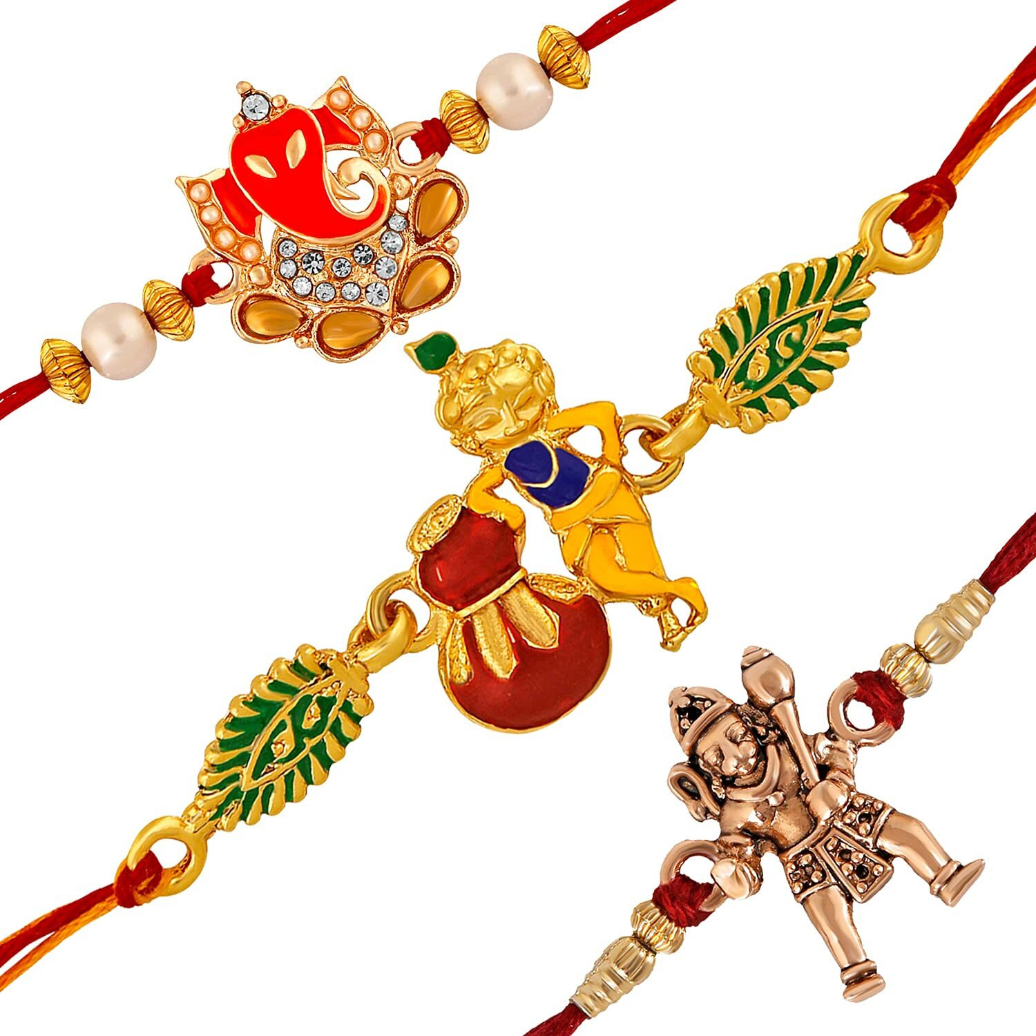 Mahi Combo Of Ganesha Krishana And Hanuman Rakhi's With White Crystal And Artificial Pearl For Adorable Brother (Rco1105216M)