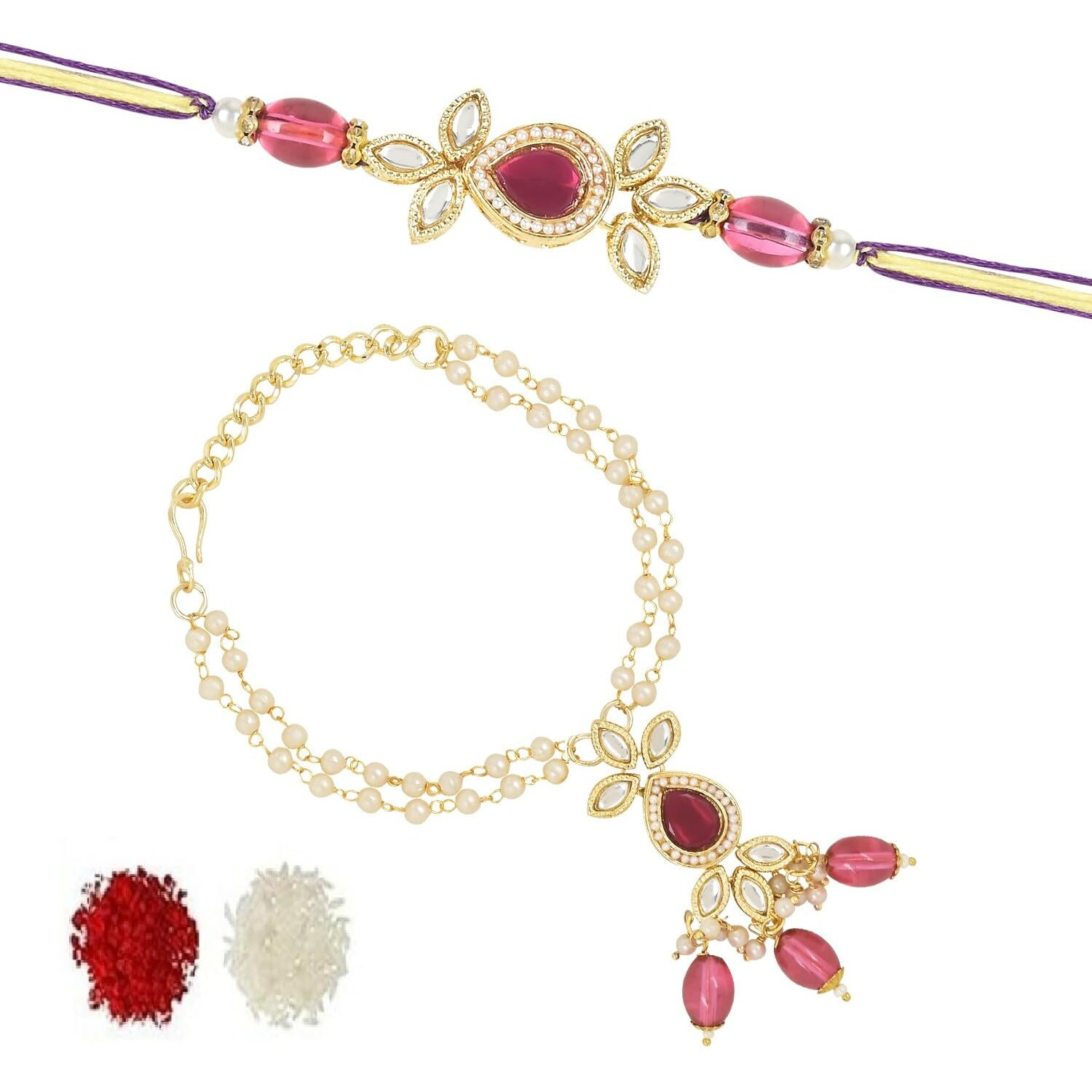 I Jewels Mens Kundan & Pearl Hanging Bhaiya Bhabhi Lumba Rakhi Combo Set With Roli Chawal And Rakshabandhan Card (R111Q-Co)
