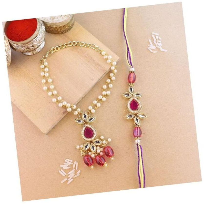 I Jewels Mens Kundan & Pearl Hanging Bhaiya Bhabhi Lumba Rakhi Combo Set With Roli Chawal And Rakshabandhan Card (R111Q-Co)