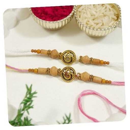 I Jewels Om & Sandalwood Beads Rakhi With Roli Chawal & Rakshabandhan Card For Men/Bro/Brother