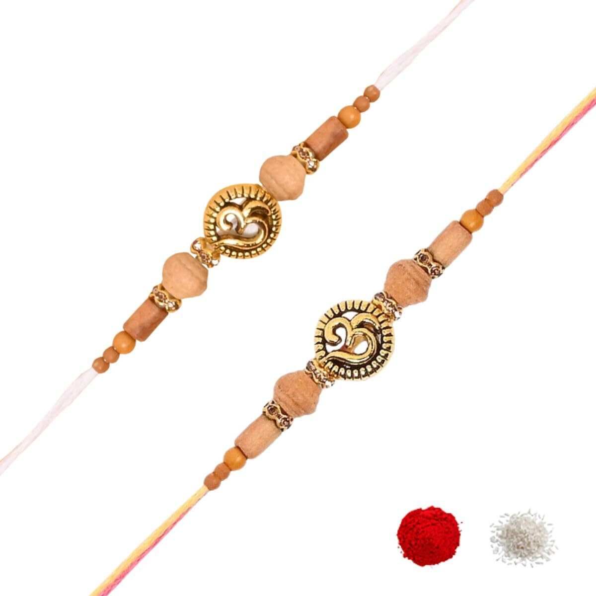 I Jewels Om & Sandalwood Beads Rakhi With Roli Chawal & Rakshabandhan Card For Men/Bro/Brother