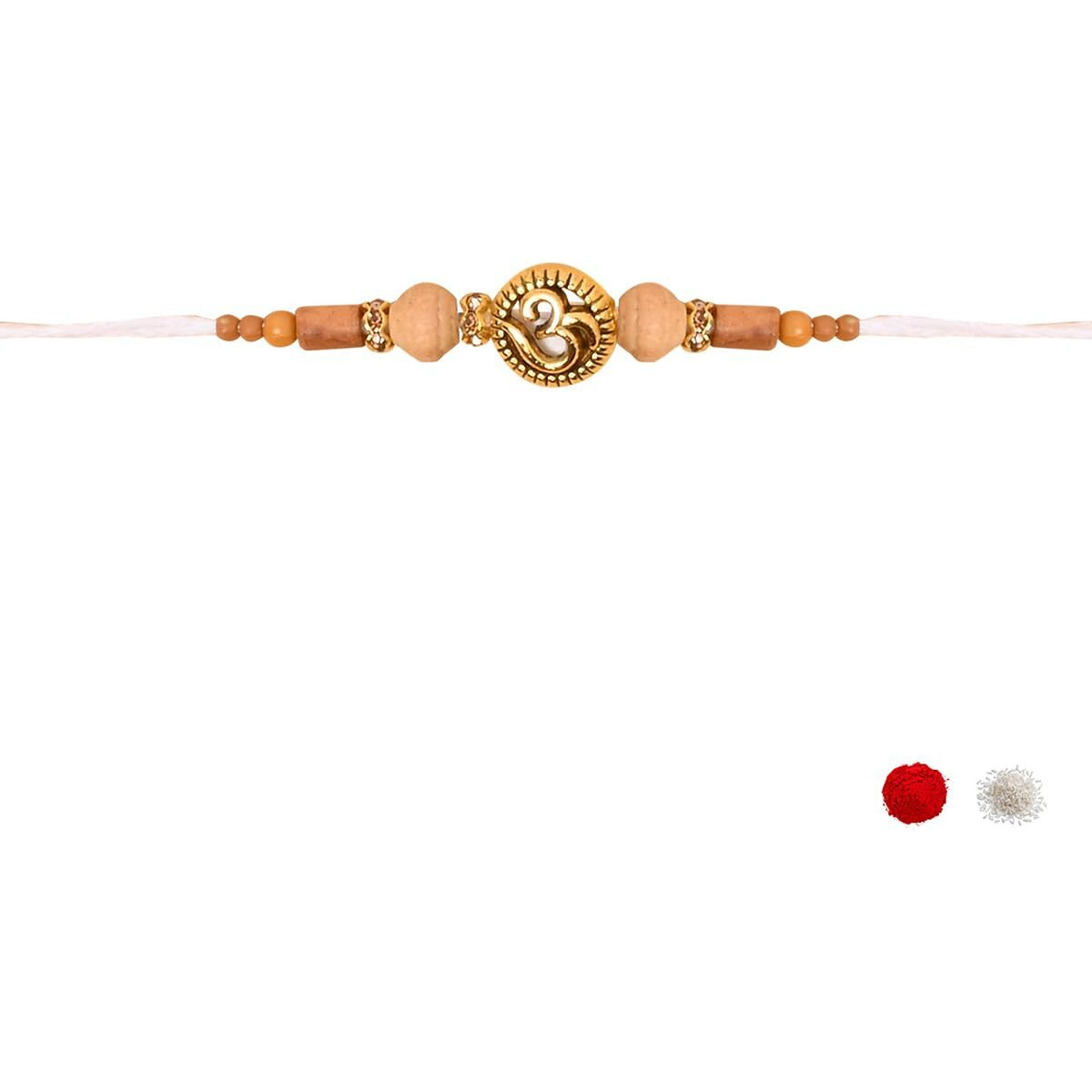 I Jewels Om & Sandalwood Beads Rakhi With Roli Chawal & Rakshabandhan Card For Men/Bro/Brother