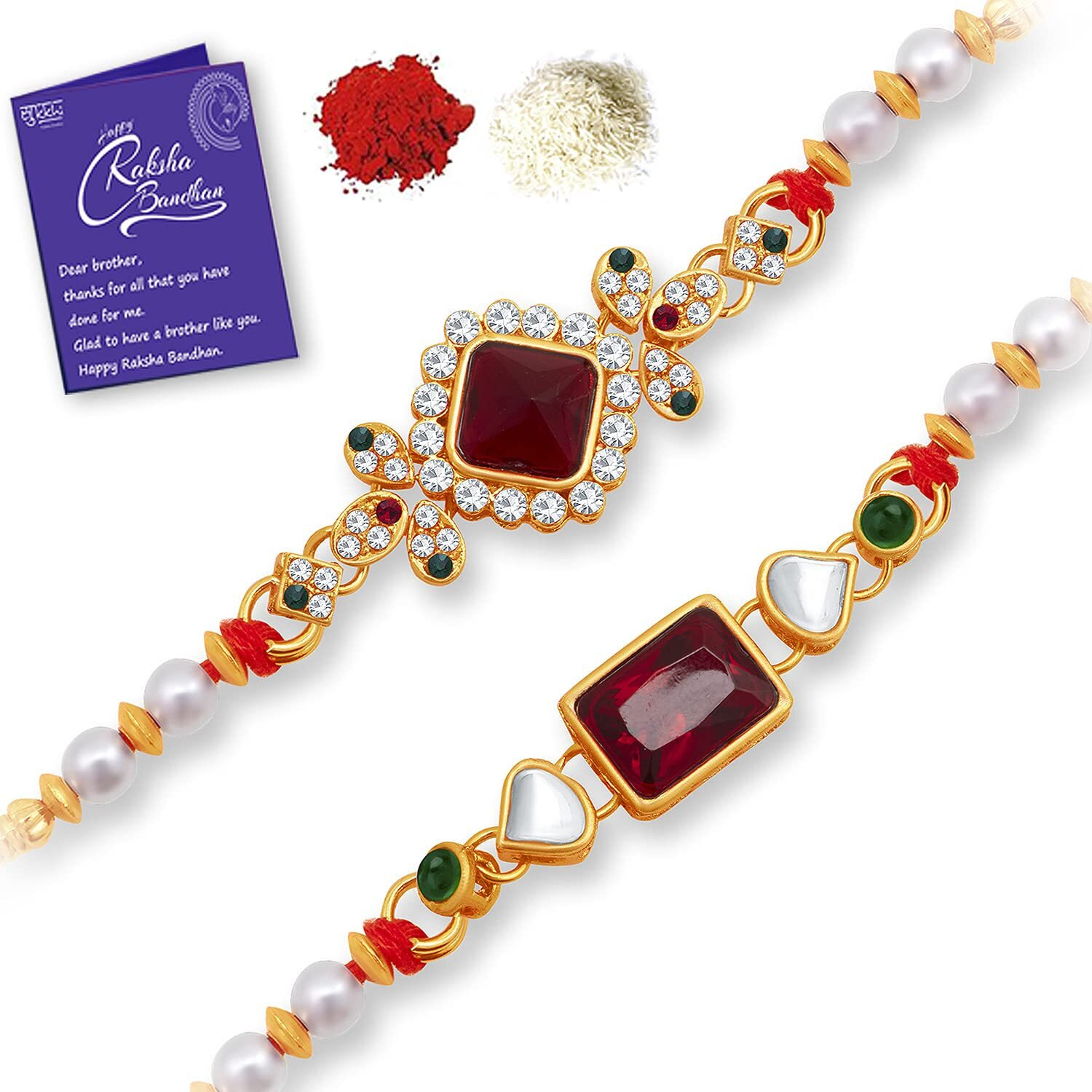 Sukkhi Rakhi For Brother Distinguished Kundan & Designer Gold Plated With Roli Chawal & Greeting Card|Combo-Set Of 2|Cbrak100047