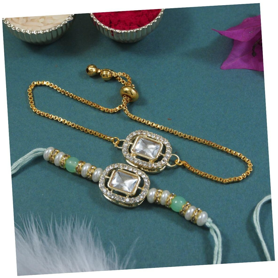 I Jewels Kundan & Pearl Bhaiya Bhabhi Lumba Bracelet Rakhi Set With Roli Chawal & Rakshabandhan Card For Unisex Adult(R168-Co) (Mint)
