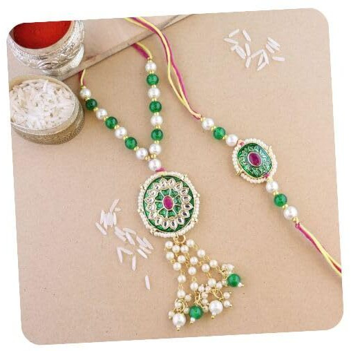 I Jewels Unisex Adult Designer Meenakari & Pearl Hanging Bhaiya Bhabhi Lumba Rakhi Combo Set With Roli Chawal And Rakshabandhan Card (R110G-Co)