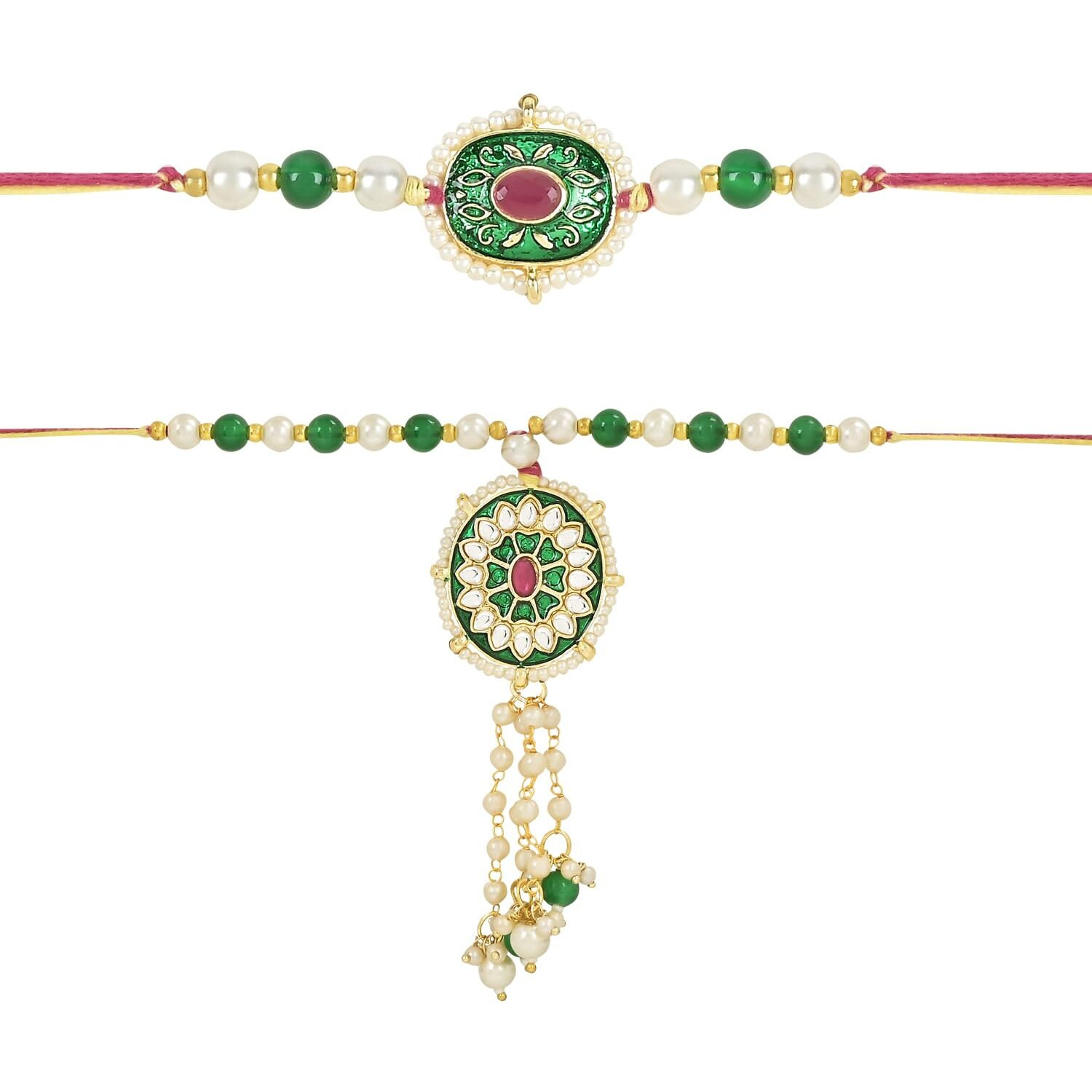 I Jewels Unisex Adult Designer Meenakari & Pearl Hanging Bhaiya Bhabhi Lumba Rakhi Combo Set With Roli Chawal And Rakshabandhan Card (R110G-Co)