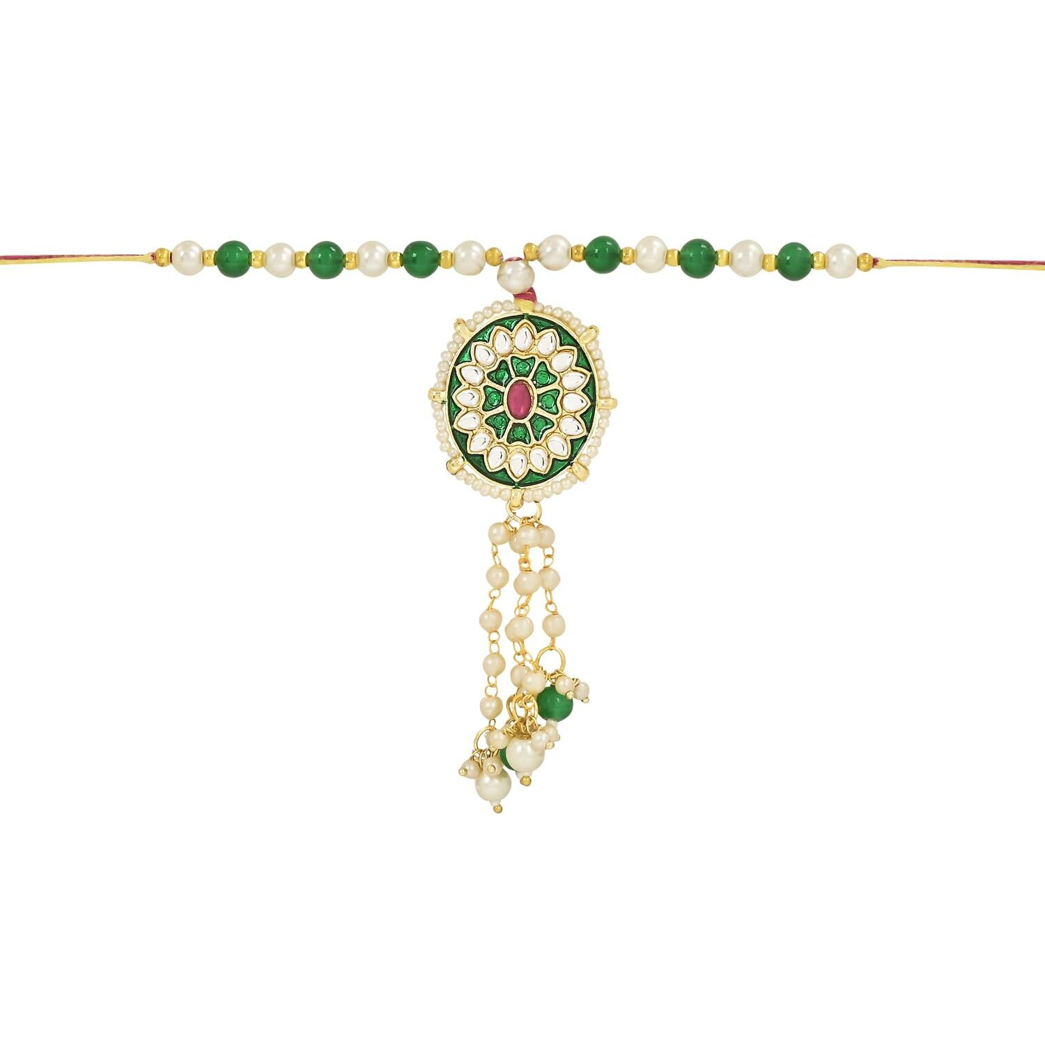 I Jewels Unisex Adult Designer Meenakari & Pearl Hanging Bhaiya Bhabhi Lumba Rakhi Combo Set With Roli Chawal And Rakshabandhan Card (R110G-Co)