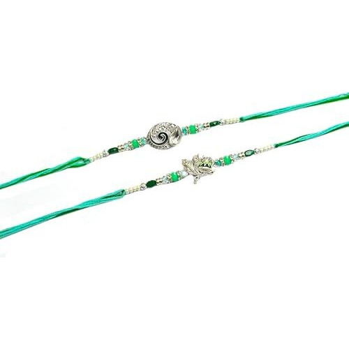 Craftvatika Silver Plated Rakhi For Brother Set Of 2, Designer Silver Plated Rakhi For Bhai, Krishna Flute Rakhis For Bhaiya Bhai, Peacock Design Rakhis For Rakshabandhan Set With Best Wishes Card, For Men Boy, Tilak Set