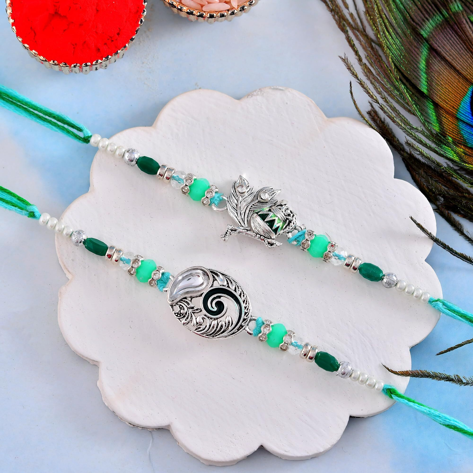 Craftvatika Silver Plated Rakhi For Brother Set Of 2, Designer Silver Plated Rakhi For Bhai, Krishna Flute Rakhis For Bhaiya Bhai, Peacock Design Rakhis For Rakshabandhan Set With Best Wishes Card, For Men Boy, Tilak Set