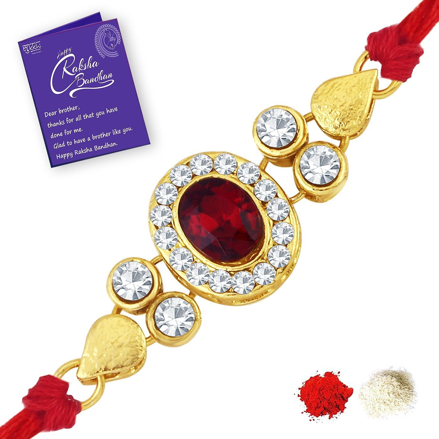 Sukkhi Rakhi For Brother Desert-Inspired Kundan Designer Gold Plated With Roli Chawal & Greeting Card|Rak73430
