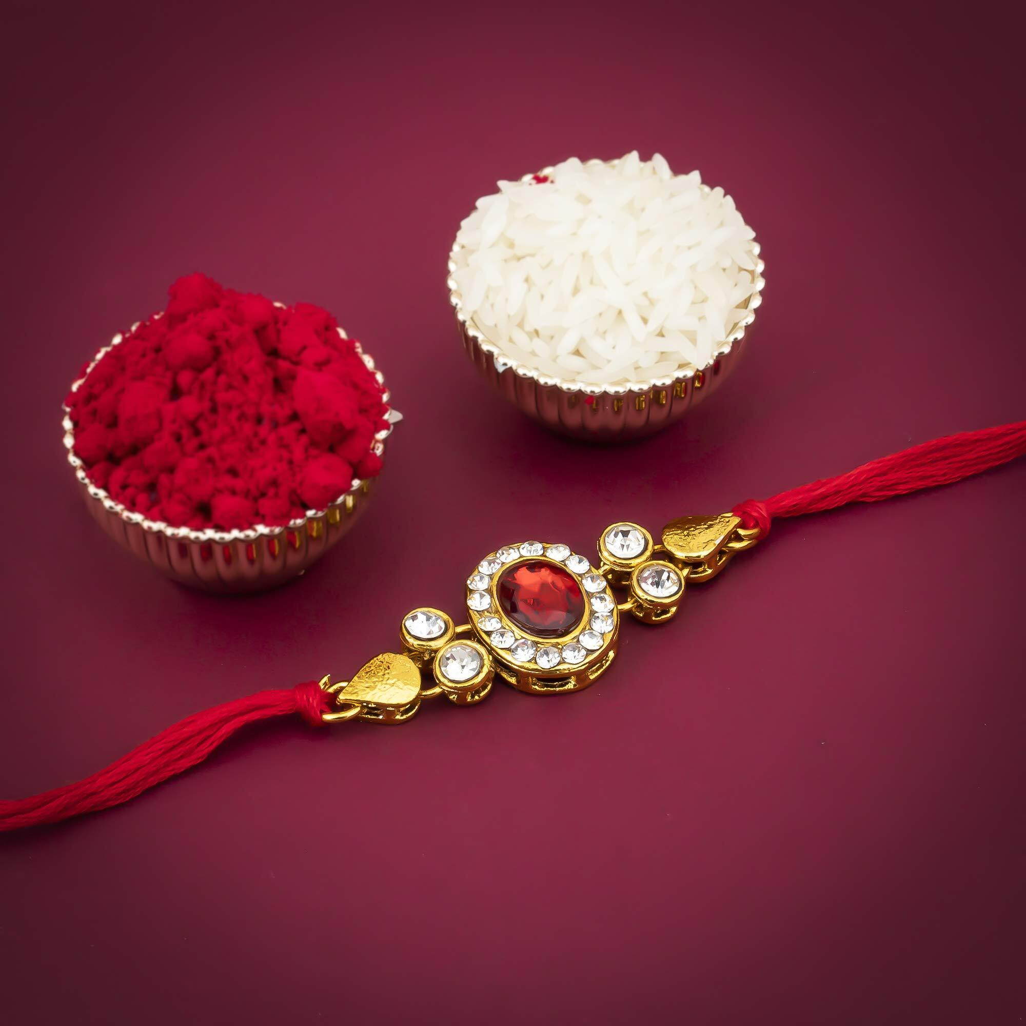 Sukkhi Rakhi For Brother Desert-Inspired Kundan Designer Gold Plated With Roli Chawal & Greeting Card|Rak73430