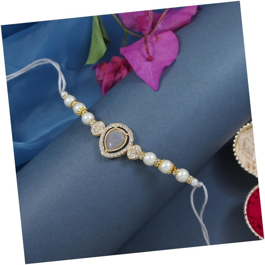 I Jewels Designer Kundan Pearl Bhaiya Rakhi With Roli Chawal For Brother/Bro/Men With Rakshabandhan Card (R146) (Grey)