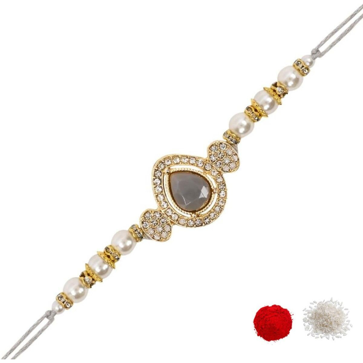 I Jewels Designer Kundan Pearl Bhaiya Rakhi With Roli Chawal For Brother/Bro/Men With Rakshabandhan Card (R146) (Grey)