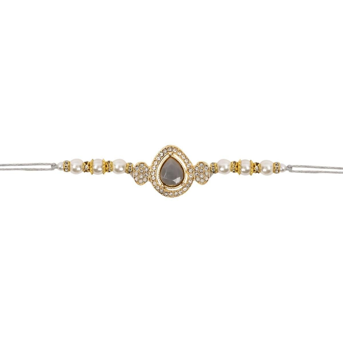 I Jewels Designer Kundan Pearl Bhaiya Rakhi With Roli Chawal For Brother/Bro/Men With Rakshabandhan Card (R146) (Grey)