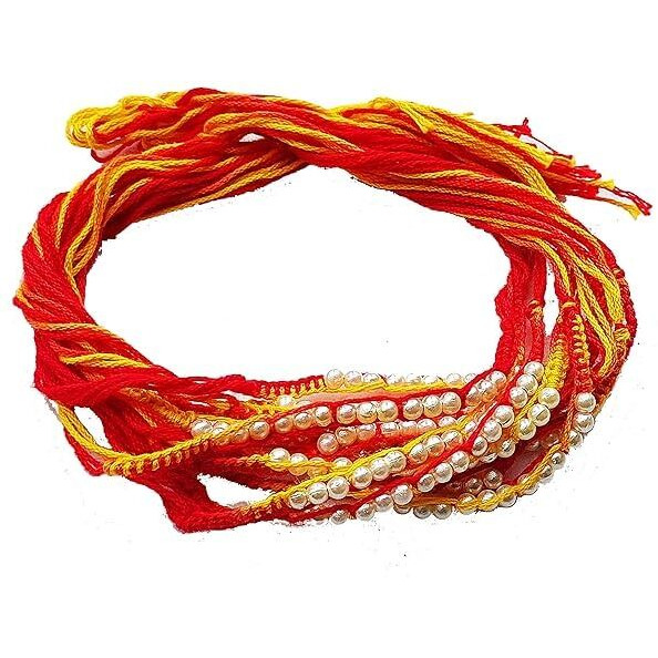 Unisex-Adult Zaipoor White Pearl Beaded Moli Thread Kalava Rakhi For Brother And Bhabhi Pack Of 12