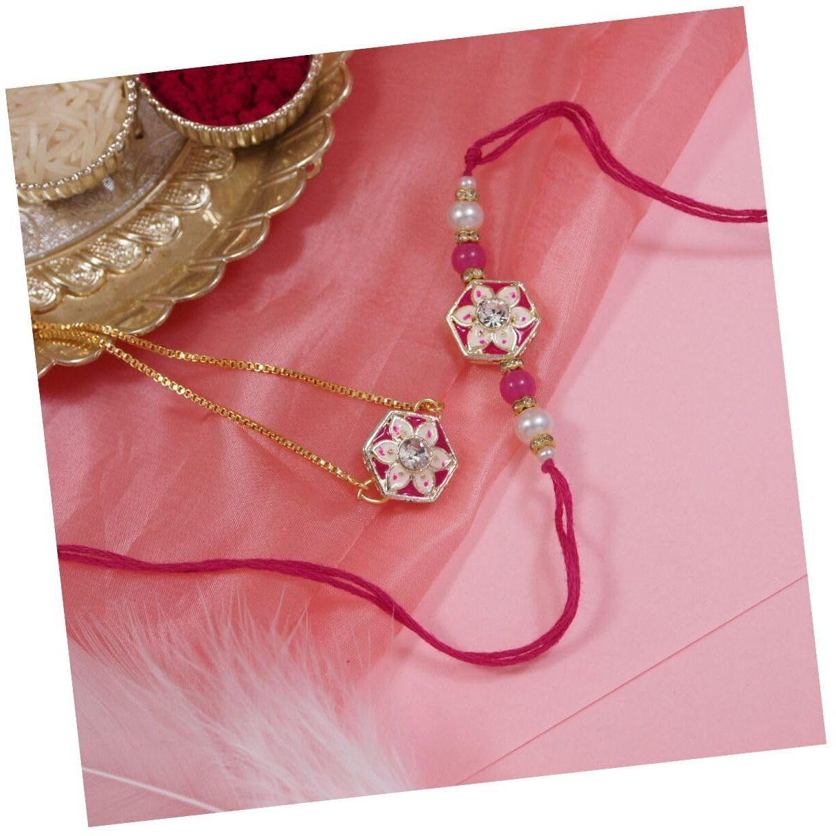 I Jewels Mens Meenakari Pearl Bhaiya Bhabhi Lumba Bracelet Rakhi Set With Roli Chawal And Rakshabandhan Card (R169-Co) (Rani Pink)