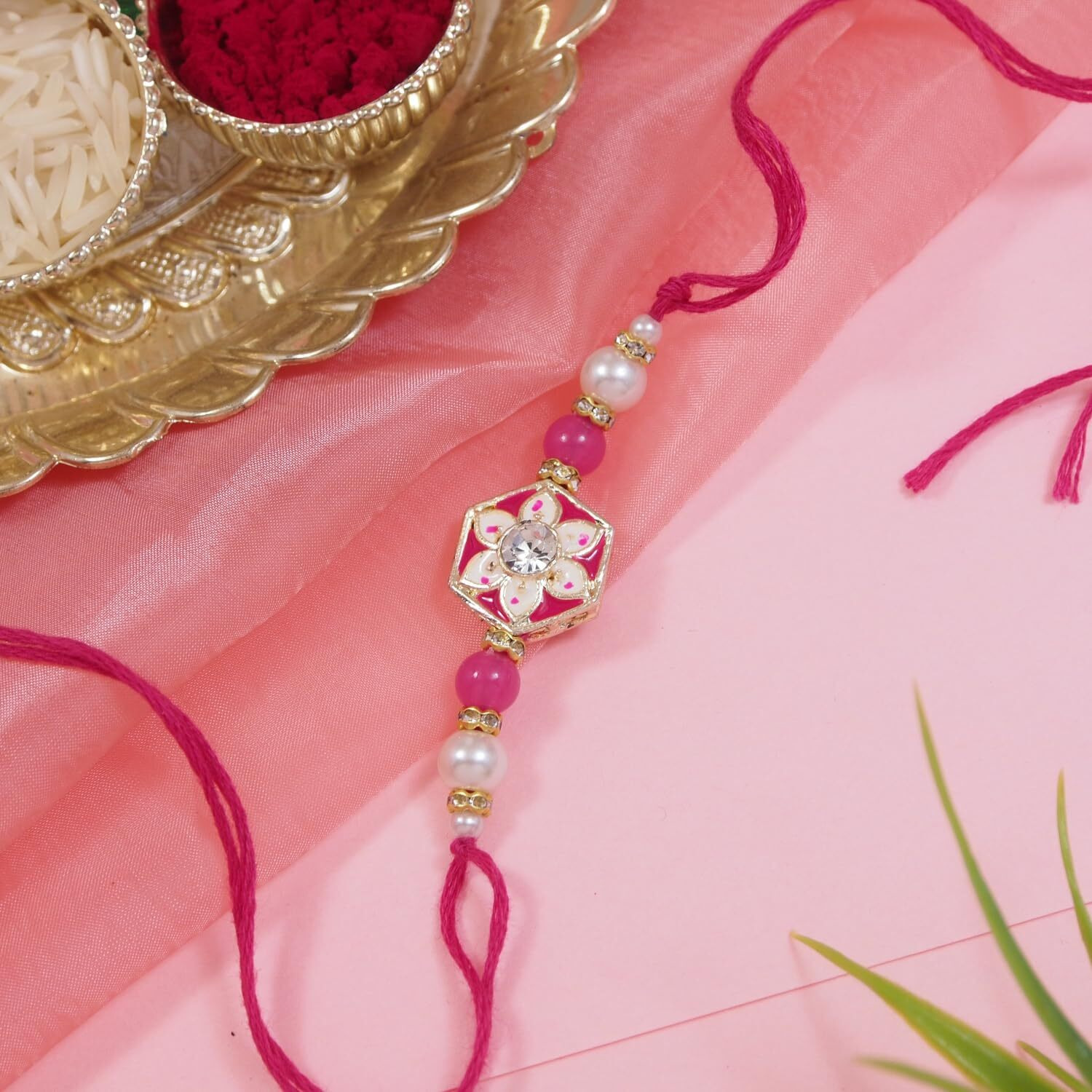 I Jewels Mens Meenakari Pearl Bhaiya Bhabhi Lumba Bracelet Rakhi Set With Roli Chawal And Rakshabandhan Card (R169-Co) (Rani Pink)