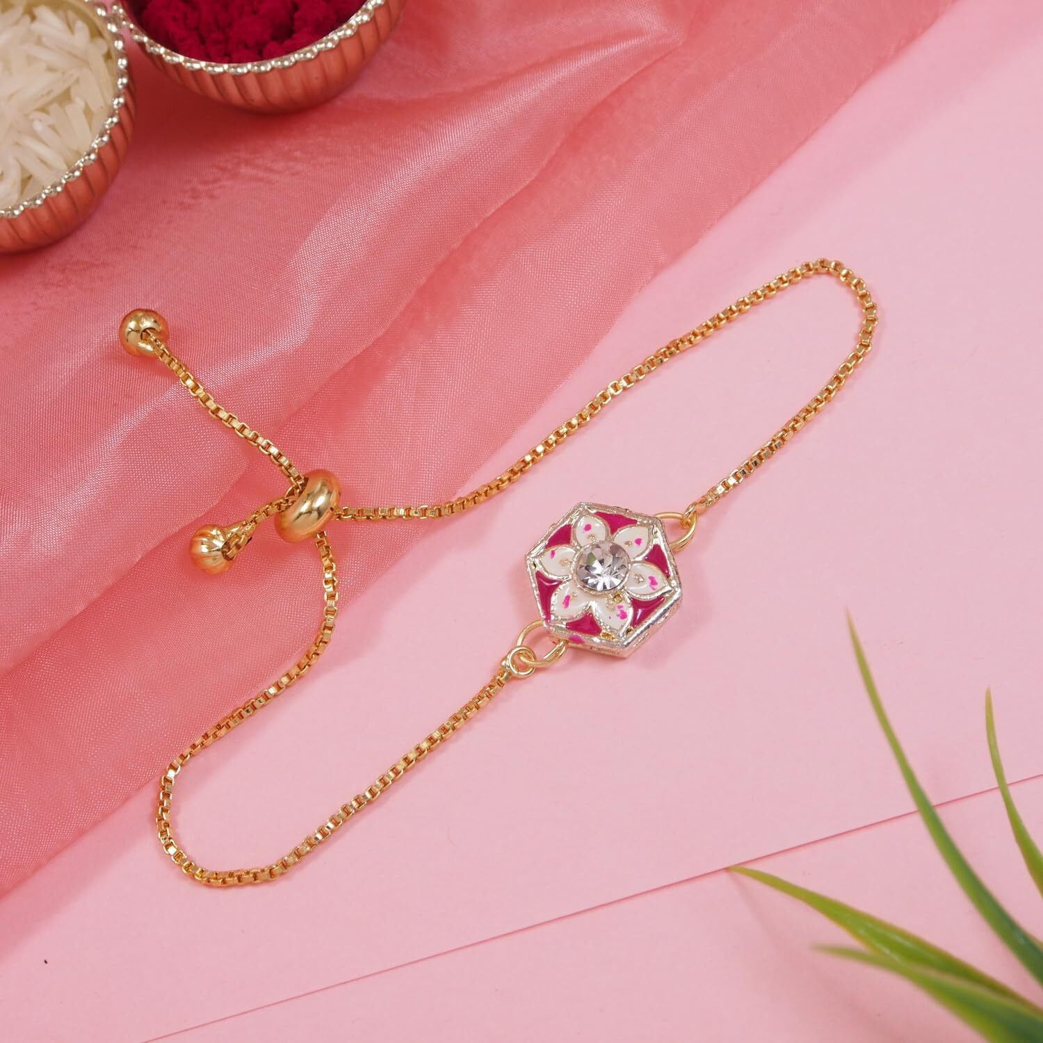 I Jewels Mens Meenakari Pearl Bhaiya Bhabhi Lumba Bracelet Rakhi Set With Roli Chawal And Rakshabandhan Card (R169-Co) (Rani Pink)