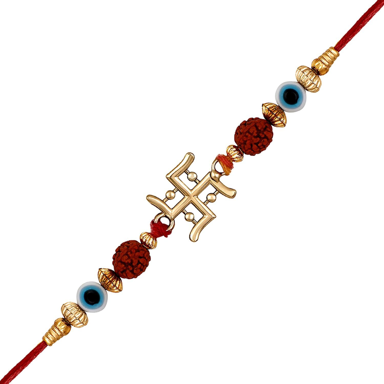 Mahi Gold Plated Evil Eye And Swastik Rudraksha Rakhi For Brother (Ra1100726G)